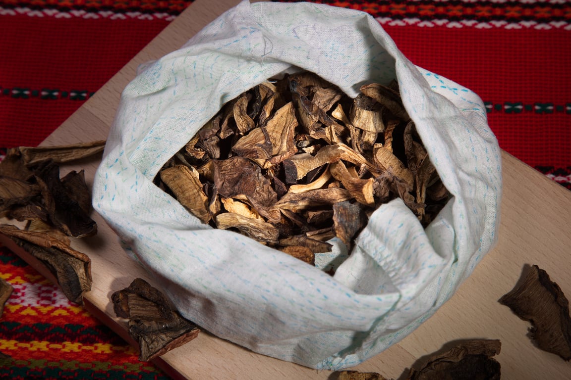 Bag of dried mushrooms.